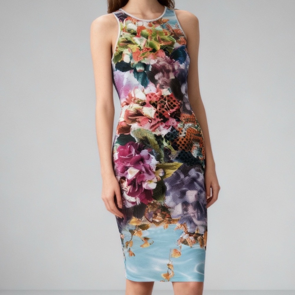Clover Canyon Neoprene Bodycon Dress Pool Flower Print Sleeveless size Small